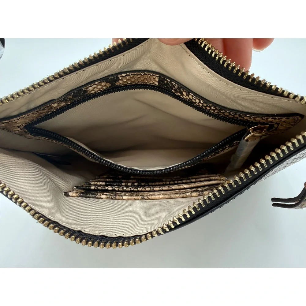 Snakeskin Print Wristlet Clutch Bag Brown Tan Faux Leather Zip Top Card Slots‎